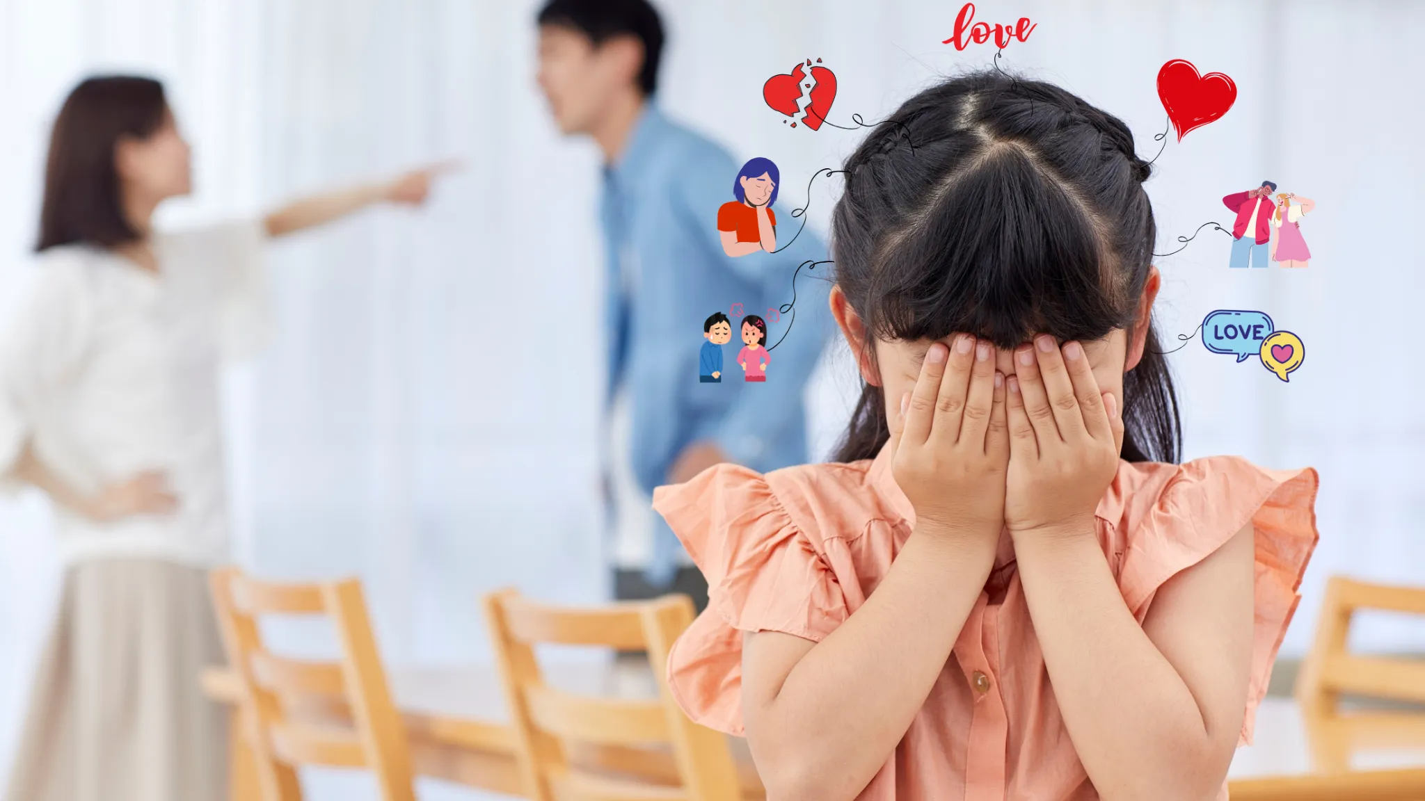 Niña tapándose el rostro mientras sus padres discuten, simbolizando la programación emocional en el amor desde la infancia.